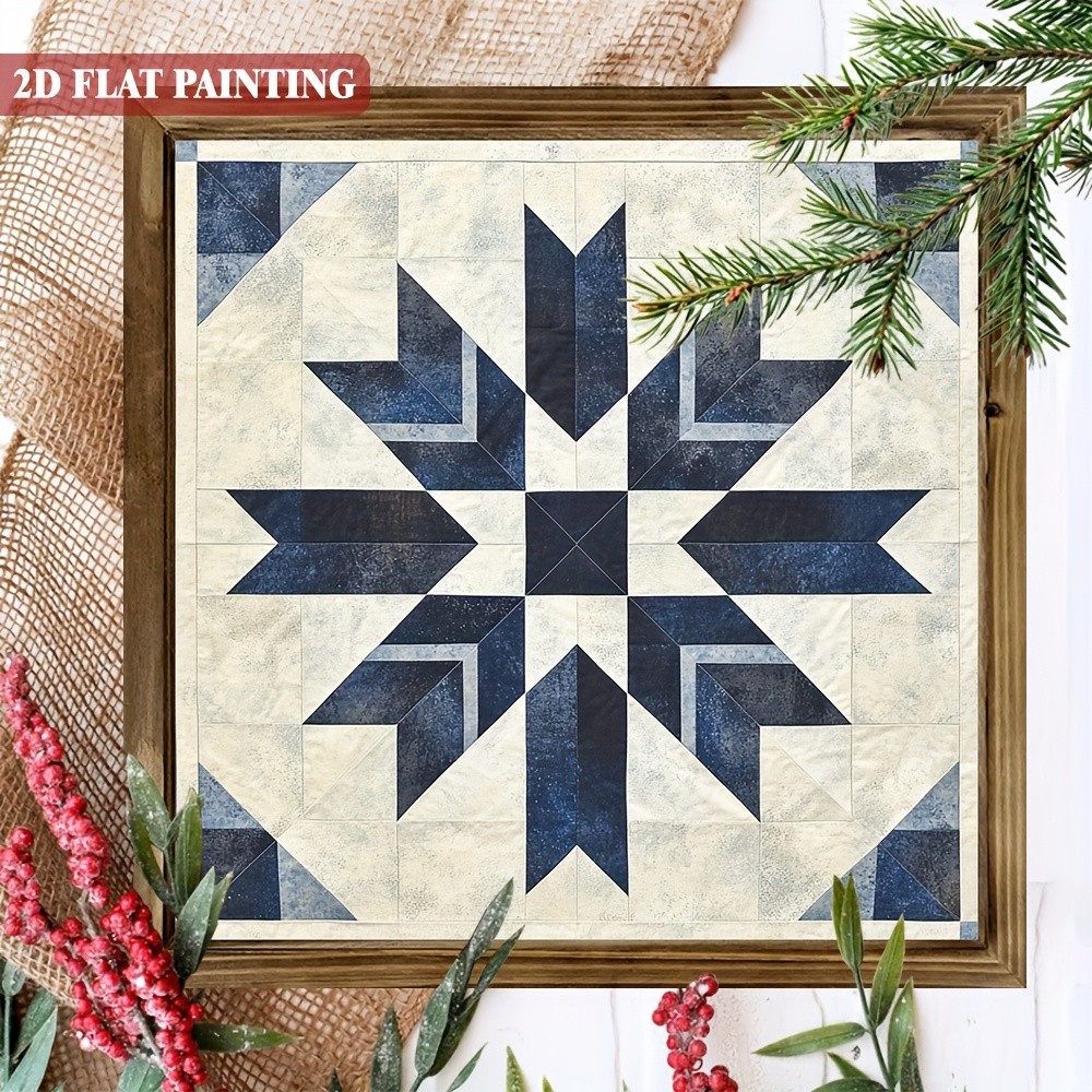 Neutral Navy Star Quilt Block Minimalist Living Room Wooden Framed Art Sign