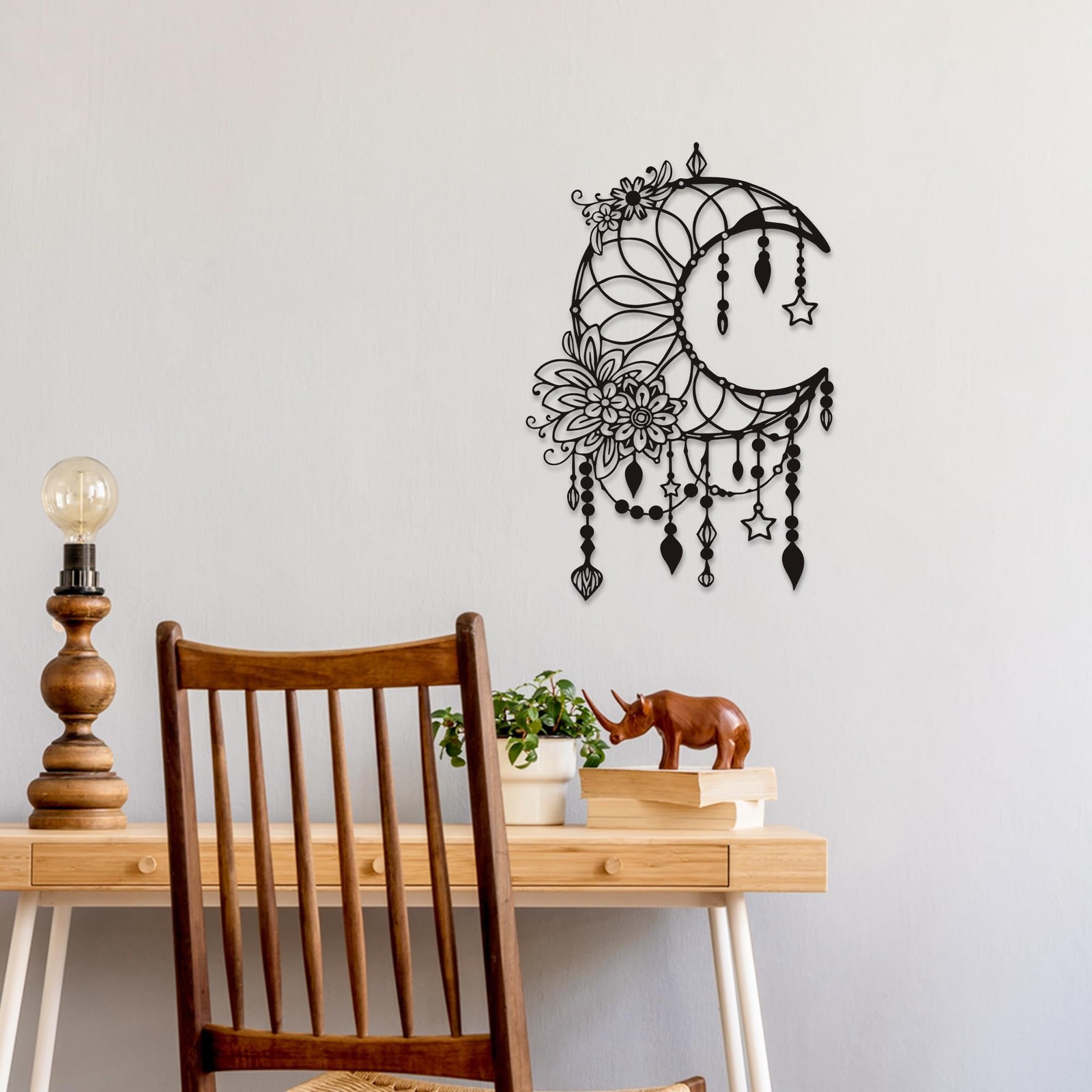 Matte Black Moon Phase Wall Decor–Elegant Metal Moon Wall Art with Floral & H…