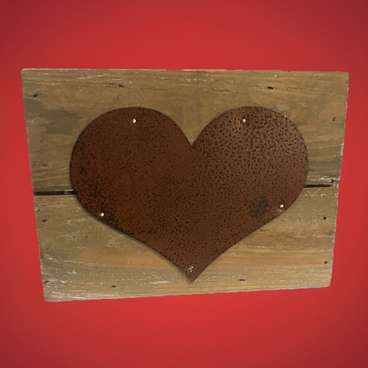 Rustic Distressed Wood Wall Plaque w/ Metal Heart 3D Brown Rectangle Horizontal