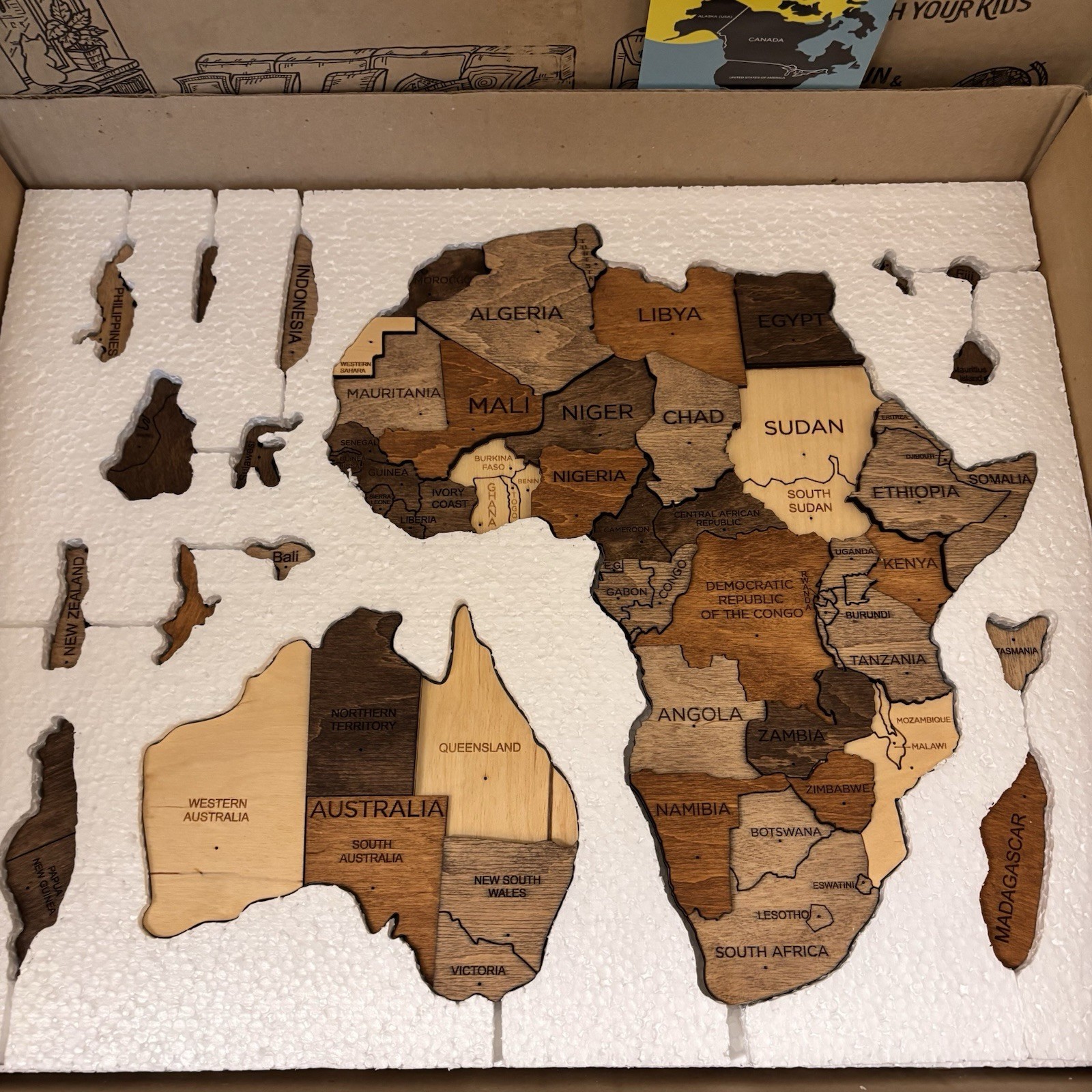 3D Wooden World Map wall art set Enjoy The Wood, New In Damaged Box 59×35” L