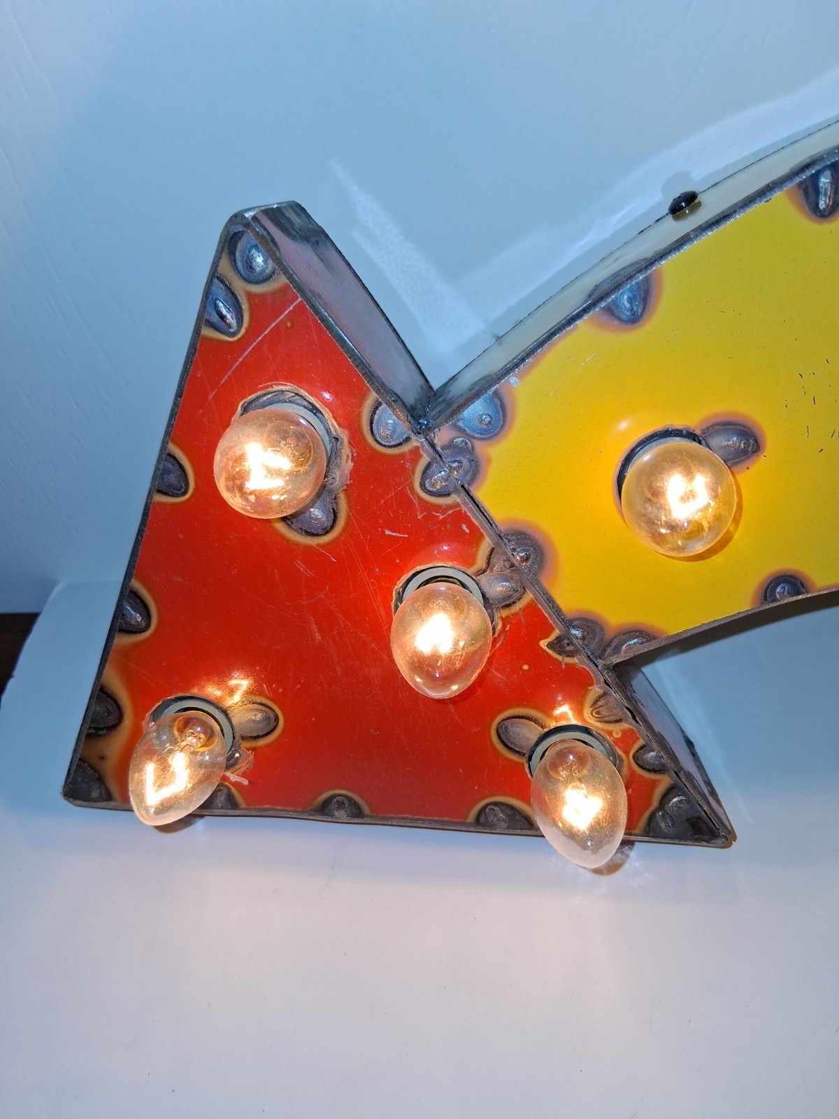 Handmade Lighted Marquee Arrow Wall Sign, Metal Yellow/Red, Hanging Horizontal