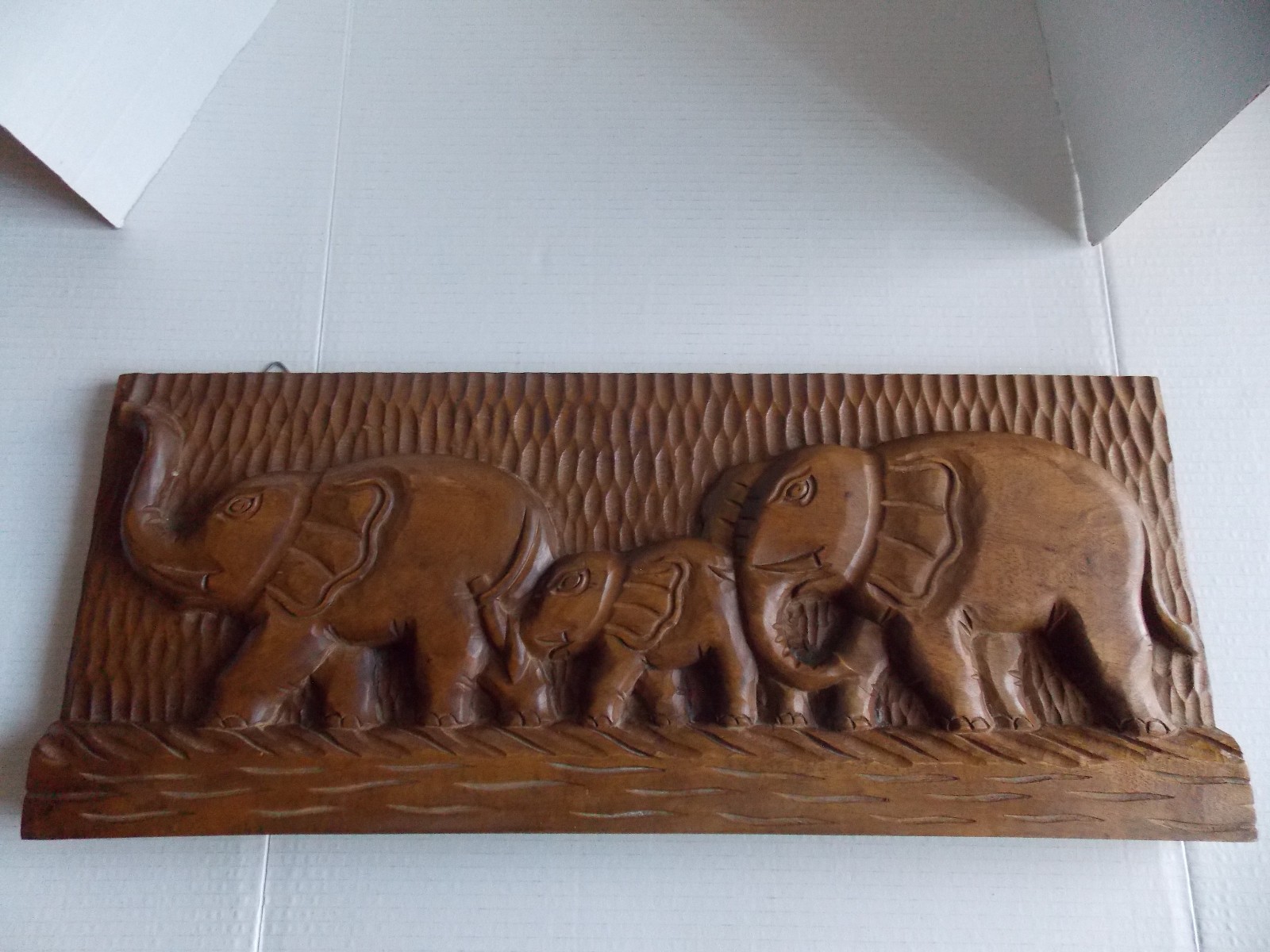 Vintage Wood Carving Elephant Family Wall Hanging heavy plaque 24″ x 9 3/4″