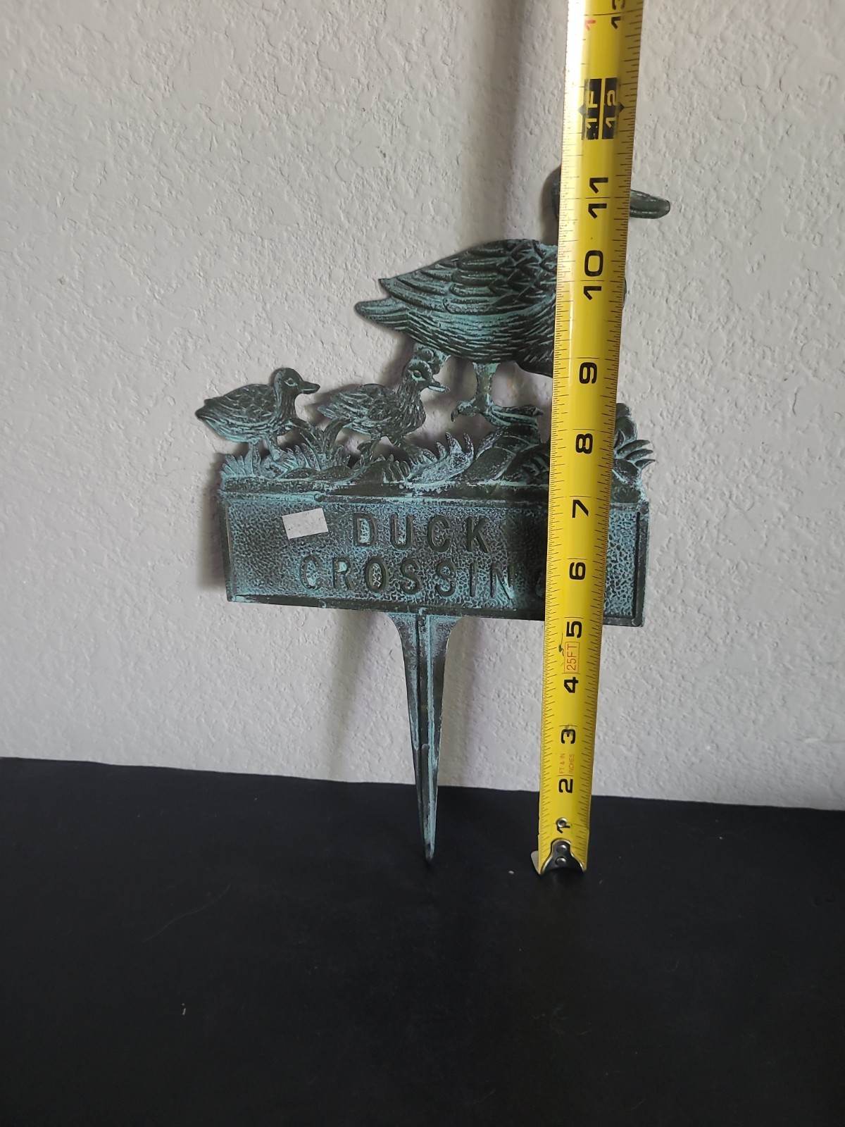 Vinatge Duck Crossing Yard Sign With Verdigris Green Patina