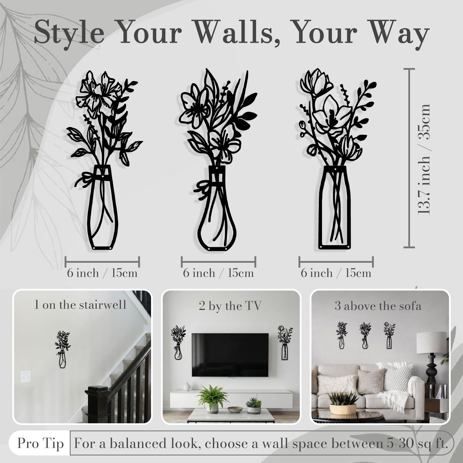 Lightweight Minimalist Metal Flower Decor Wall Art Bathroom Kitchen 3 PCS