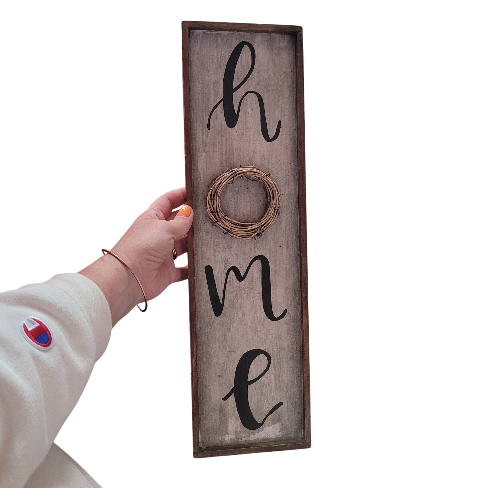 Rustic Farmhouse Wood HOME Wall Sign with Grapevine Wreath Distressed Vertical