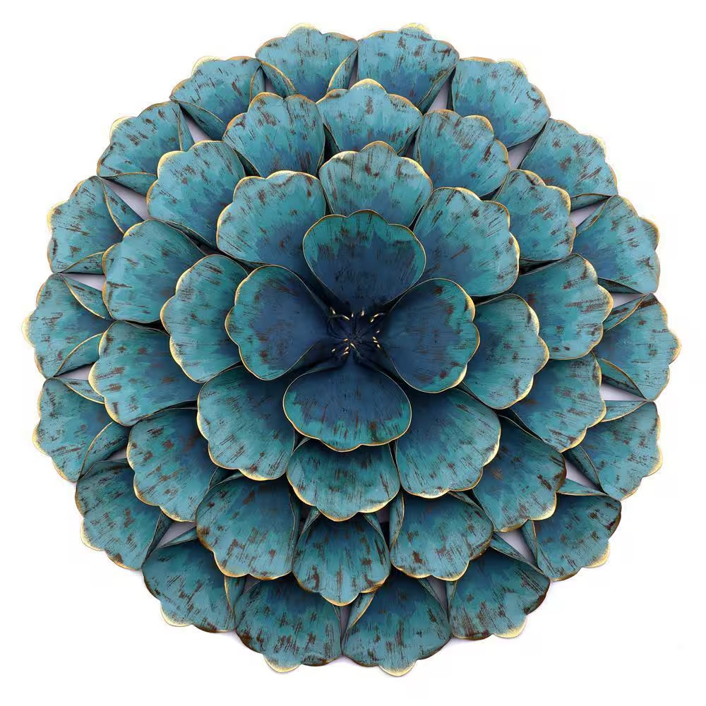 23.5 In. Metal Teal Blue round Flower Wall Decor