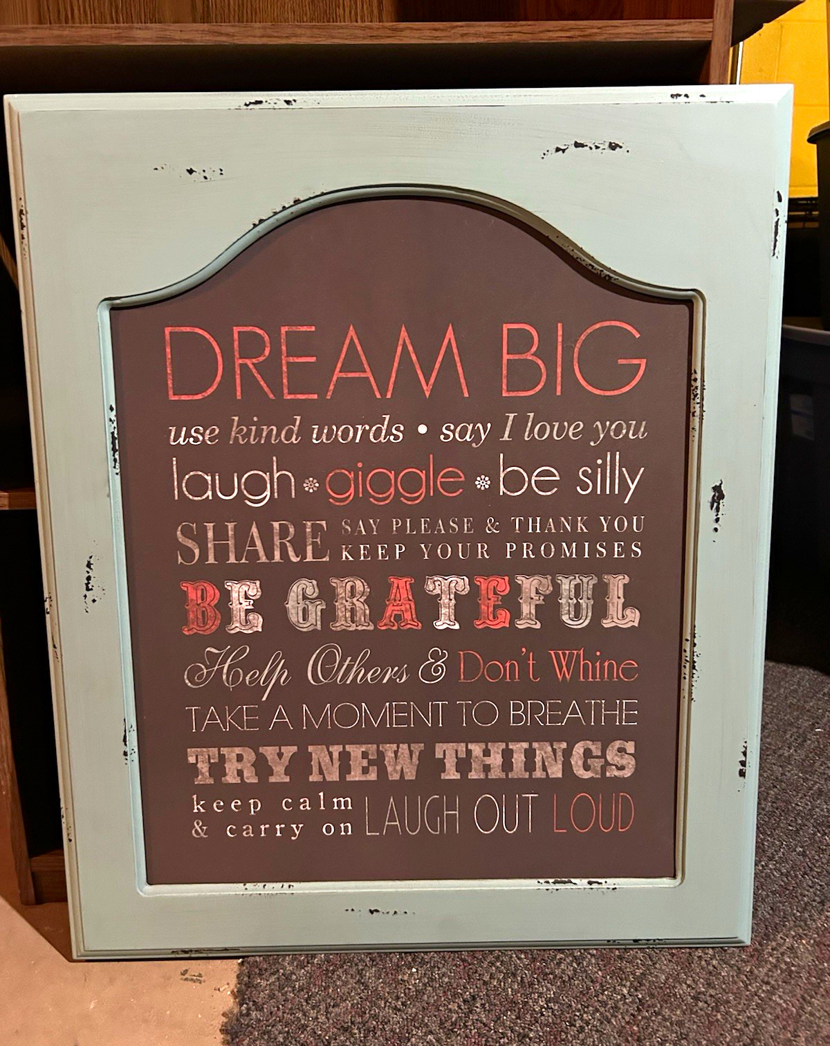 “Dream Big” Inspirational Quote Wood Wall Sign, Distressed Gray/Brown Frame