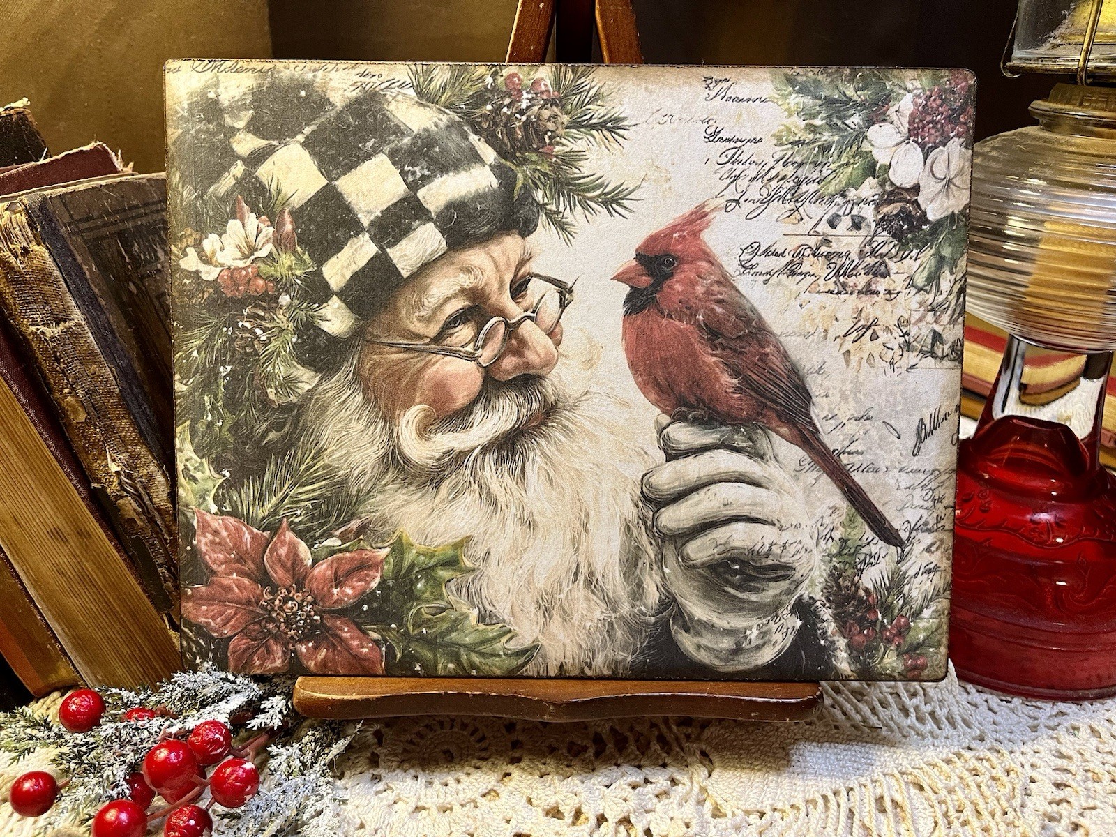 Santa with Red Bird, Black and White Checks Hat, Christmas Handcrafted Plaque
