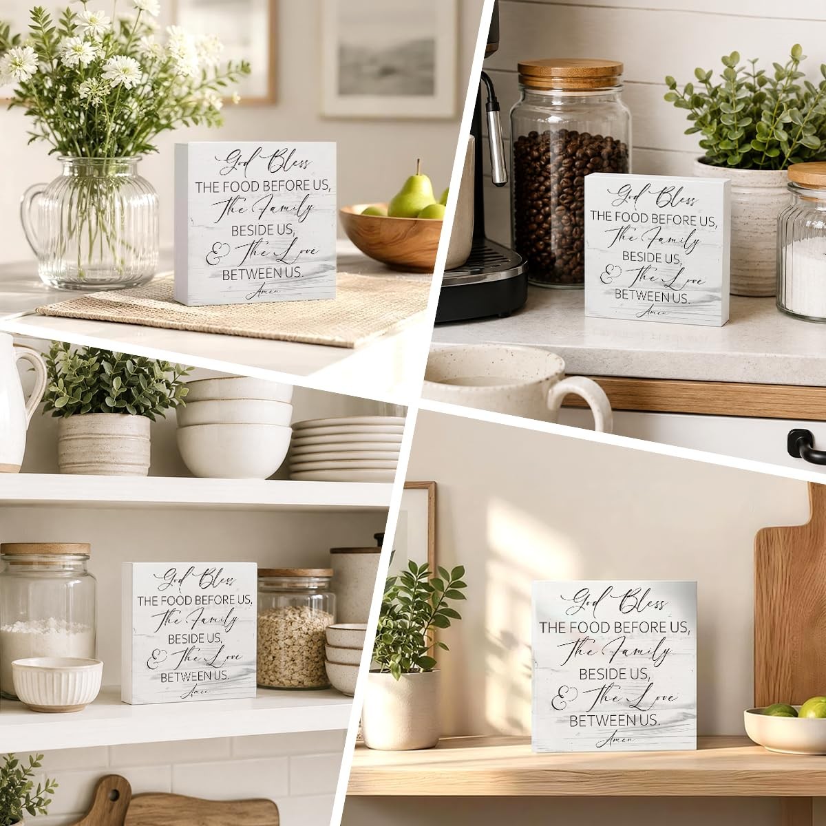 Christian Kitchen Decor, God Bless the Food Before Us Sign, White Wooden Box …