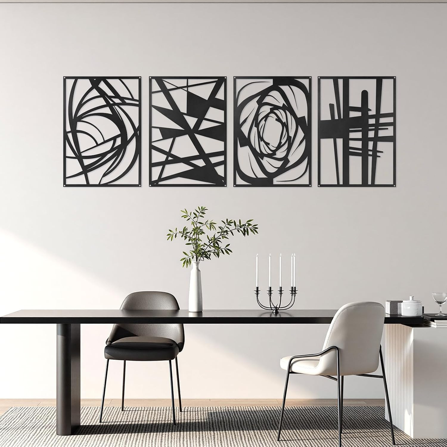 4 Pieces Black Abstract Metal Wall Art, Modern Minimalist Matte Wall Decor, 3D T