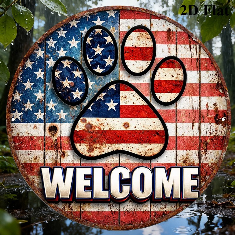 2D “American Flag Paw ” Vintage Patriotic Metal Sign Room Kitchen Garage Decor