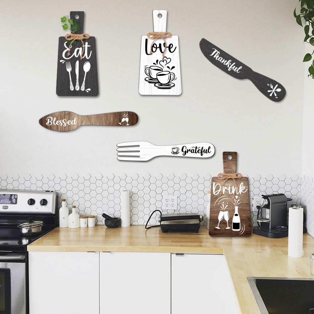 6pcs Kitchen Wall Decor Start Drink Sign Set Wood Pendant Accessories Mini Wo…