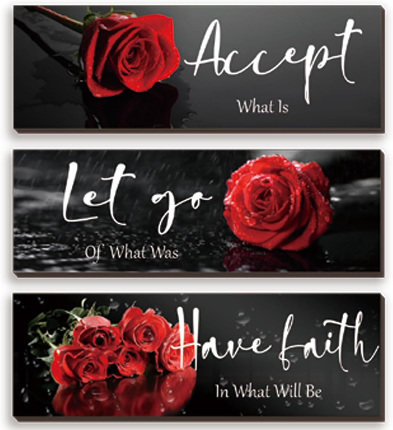3 Pcs Red Decor Flower Inspirational Wooden Wall Art Red Roses Office Wall Decor