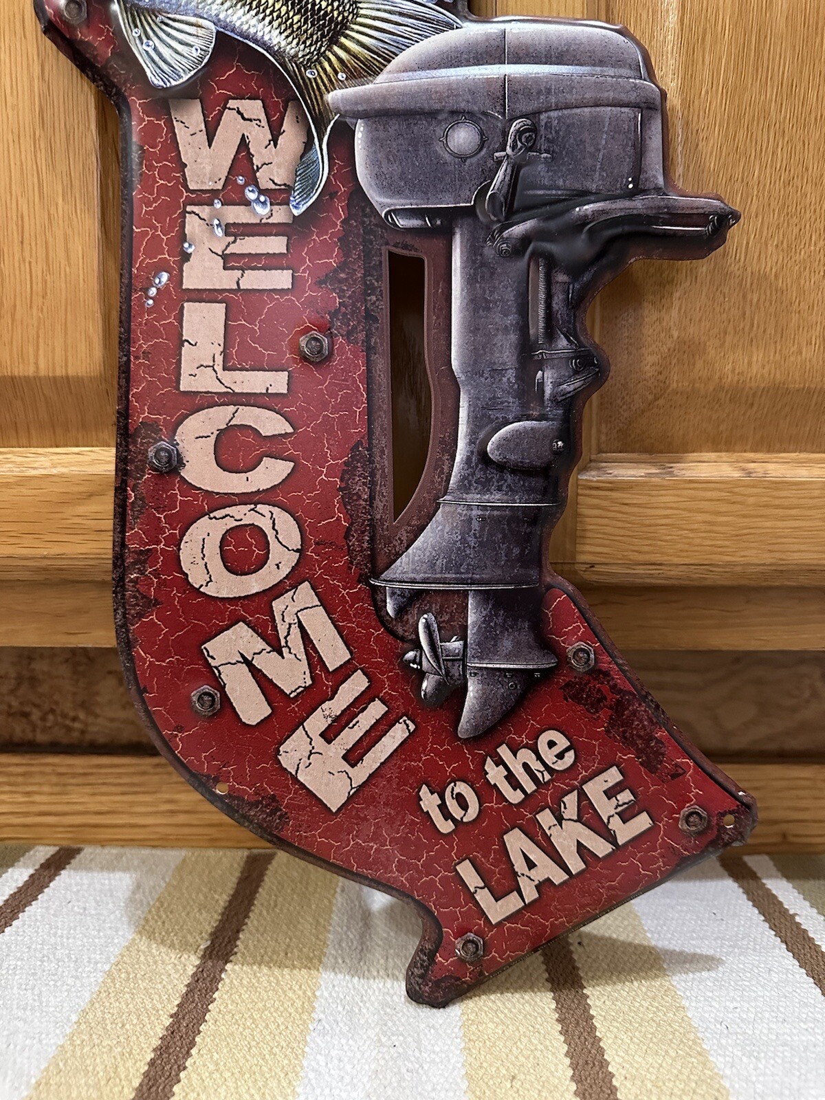 Welcome To The Lake Sign Boat Motor Bass Fishing Tackle Vintage Style Wall Decor