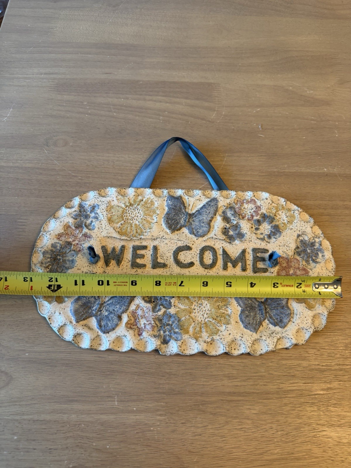 Handmade stoneware welcome sign with butterflies and flowers- cottage core
