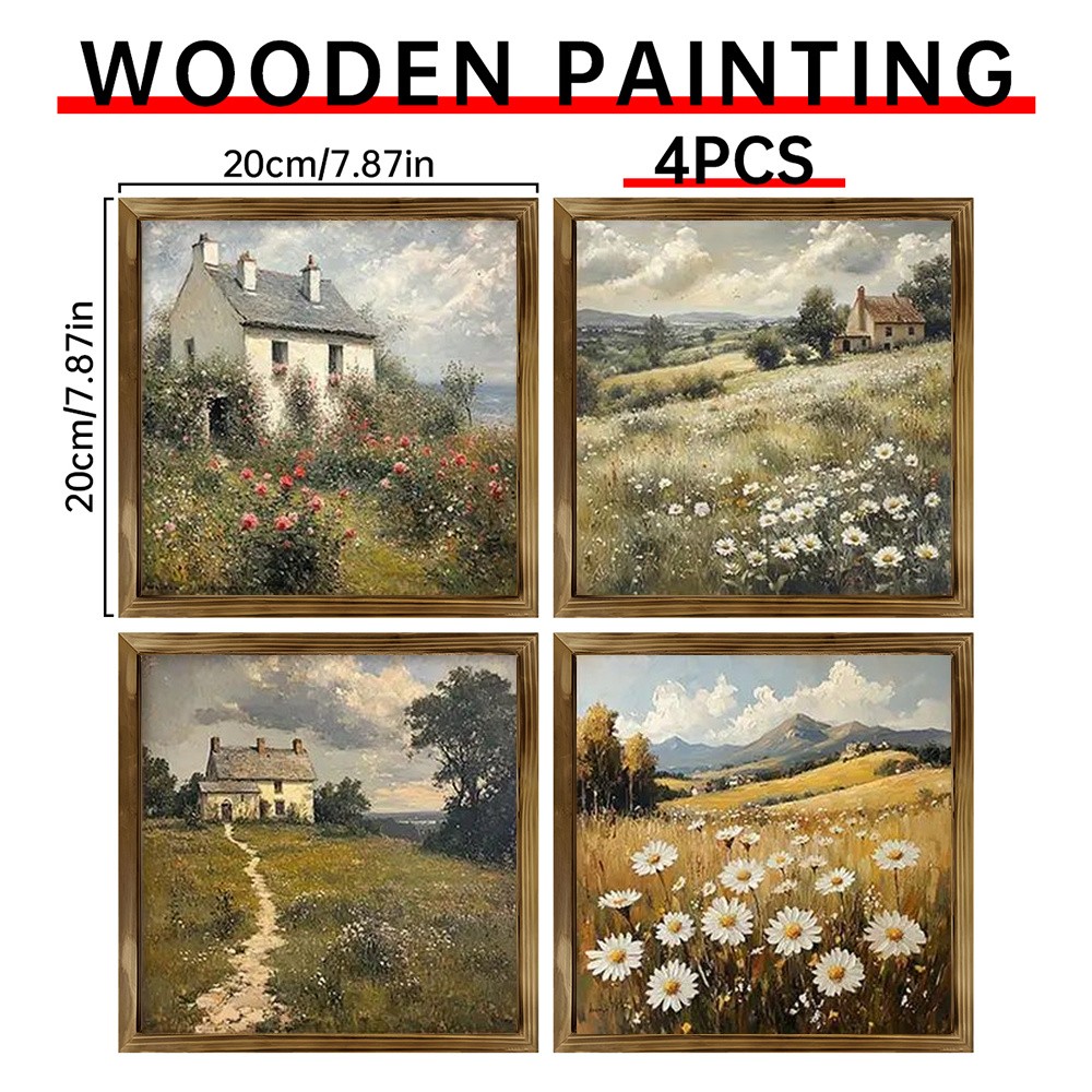 4Pcs Rustic Landscape Wooden Painting Rural Castle Kitchen Farmed Wall Decor