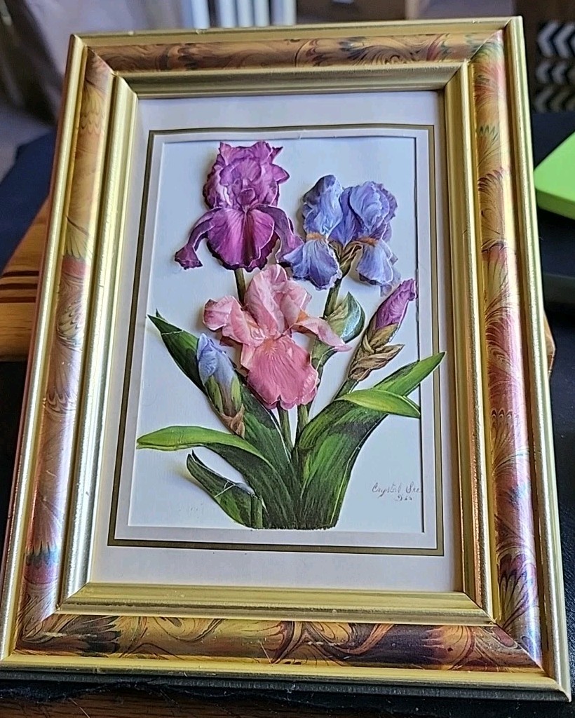Vintage Decorative Iris Paper Tole, Relief In Frame, 3D, 7.5 x 6 In. Purple/Pink
