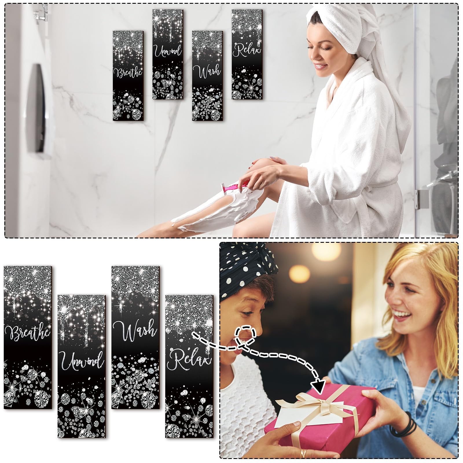 4 Pcs Black and Silver Bathroom Wall Decor Glitter Diamond Wooden Living Room…
