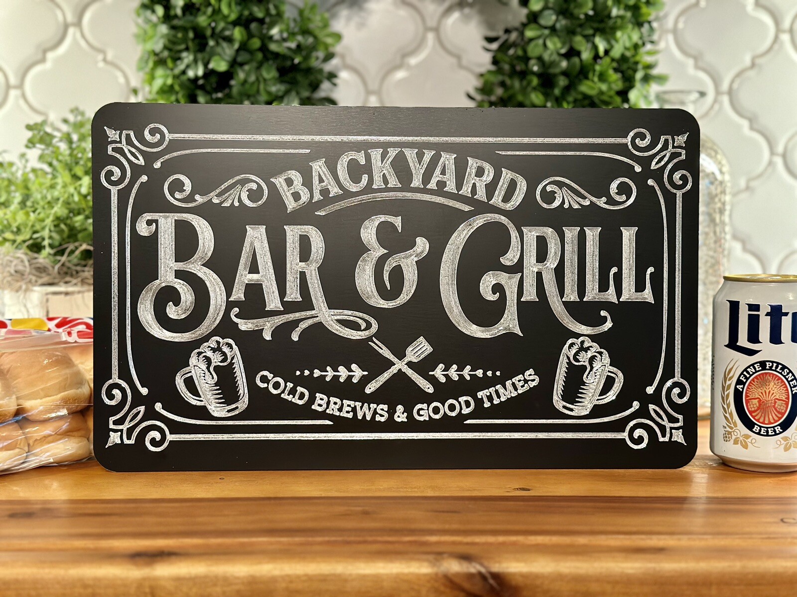 Engraved Backyard Bar & Grill Diamond Etched Yard Decor Sturdy Metal 15×9 Sign