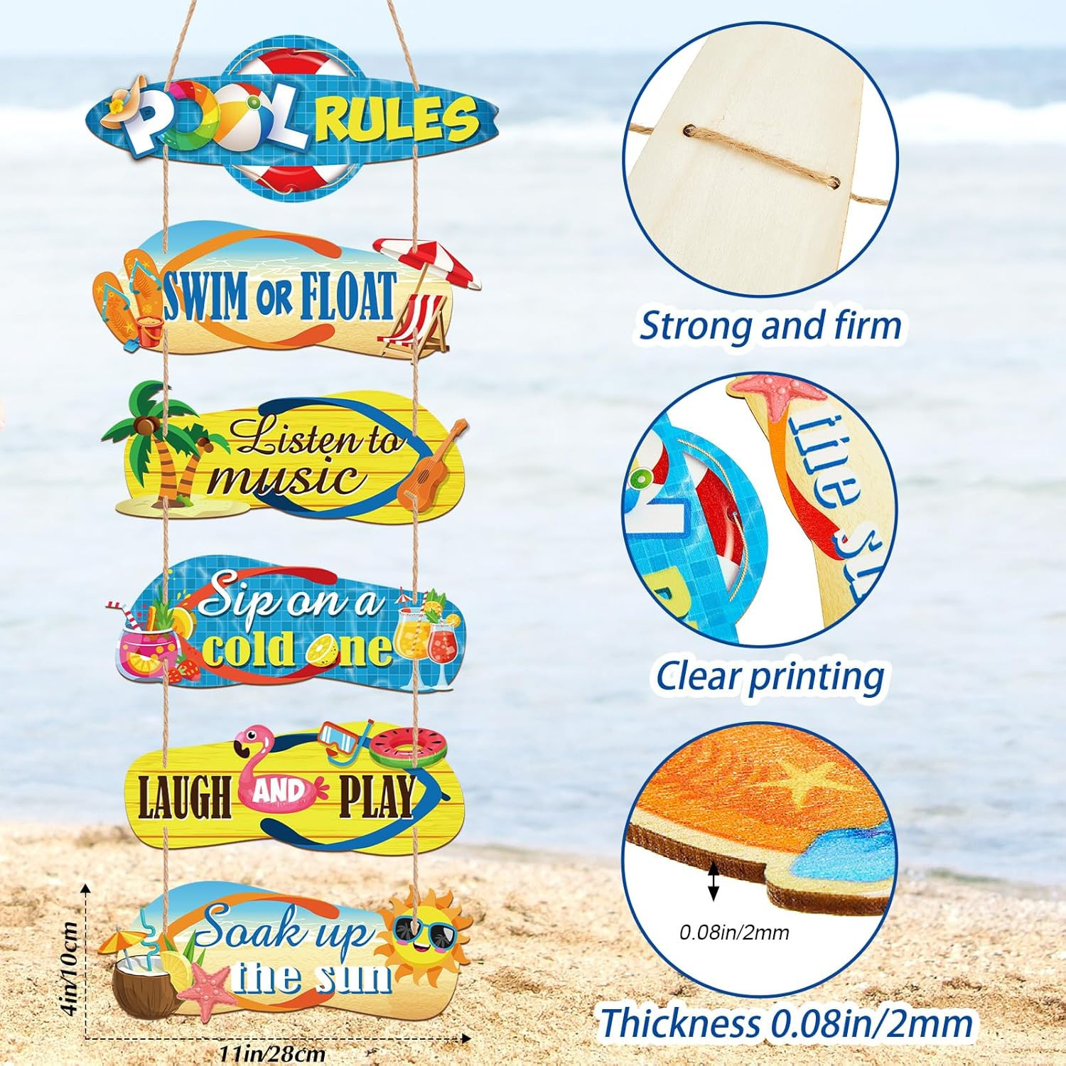 6 Pack Pool Rules Signs and Decor Outdoor, Wooden Beach Wall Hanging Decor, 4 X