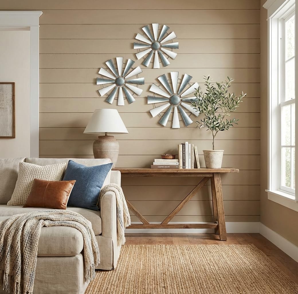 – 3 Pcs Metal Windmill, White and Galvanized Hanging Wall Decor, Farmhouse Wa…