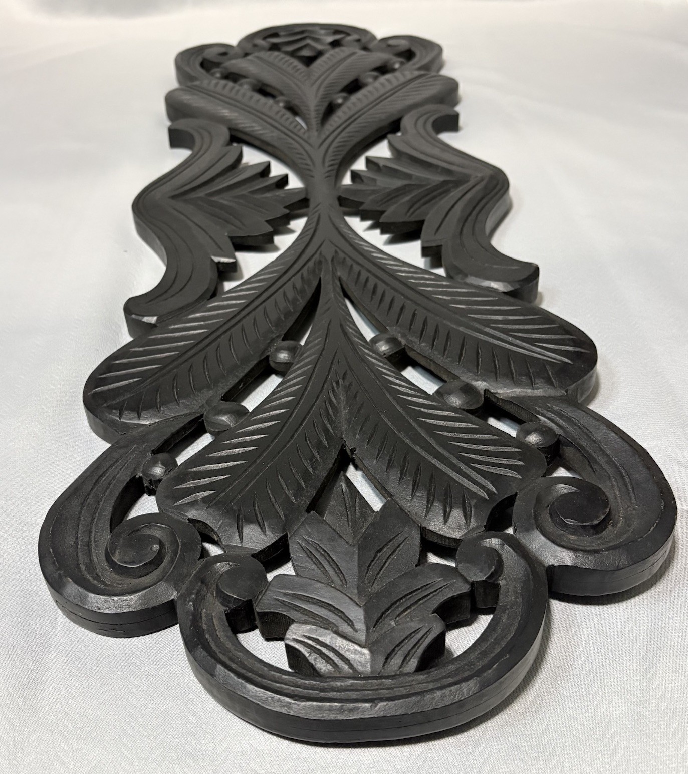 Large Black Carved Wall Panel Plaque Architectural Scroll Decor 36” x 12”