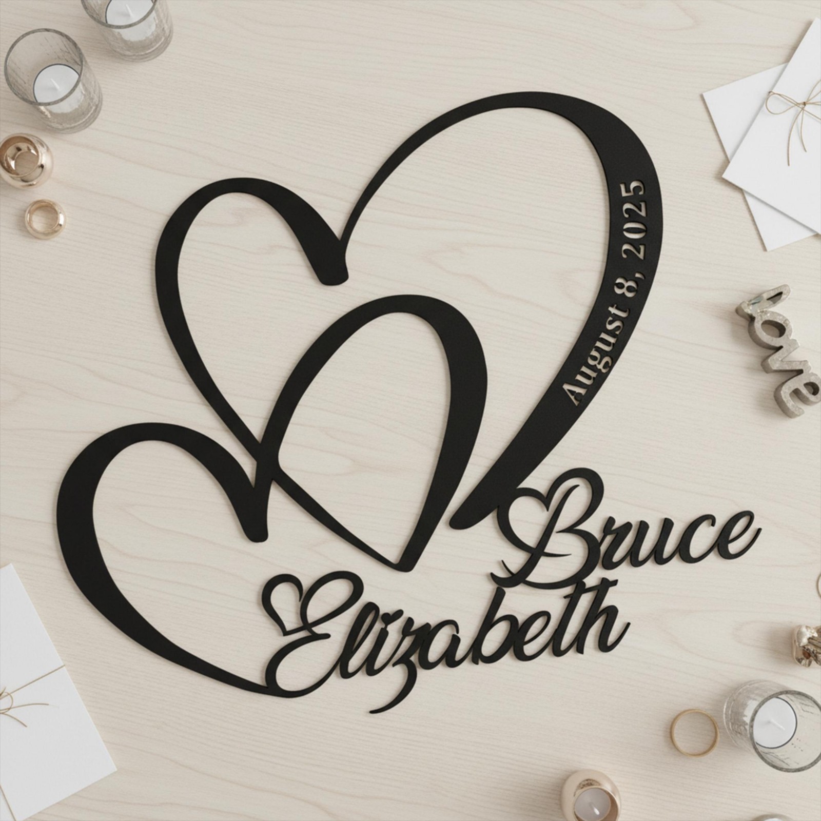 Personalized Double Heart Wall Sign, Custom Couple Name Decor