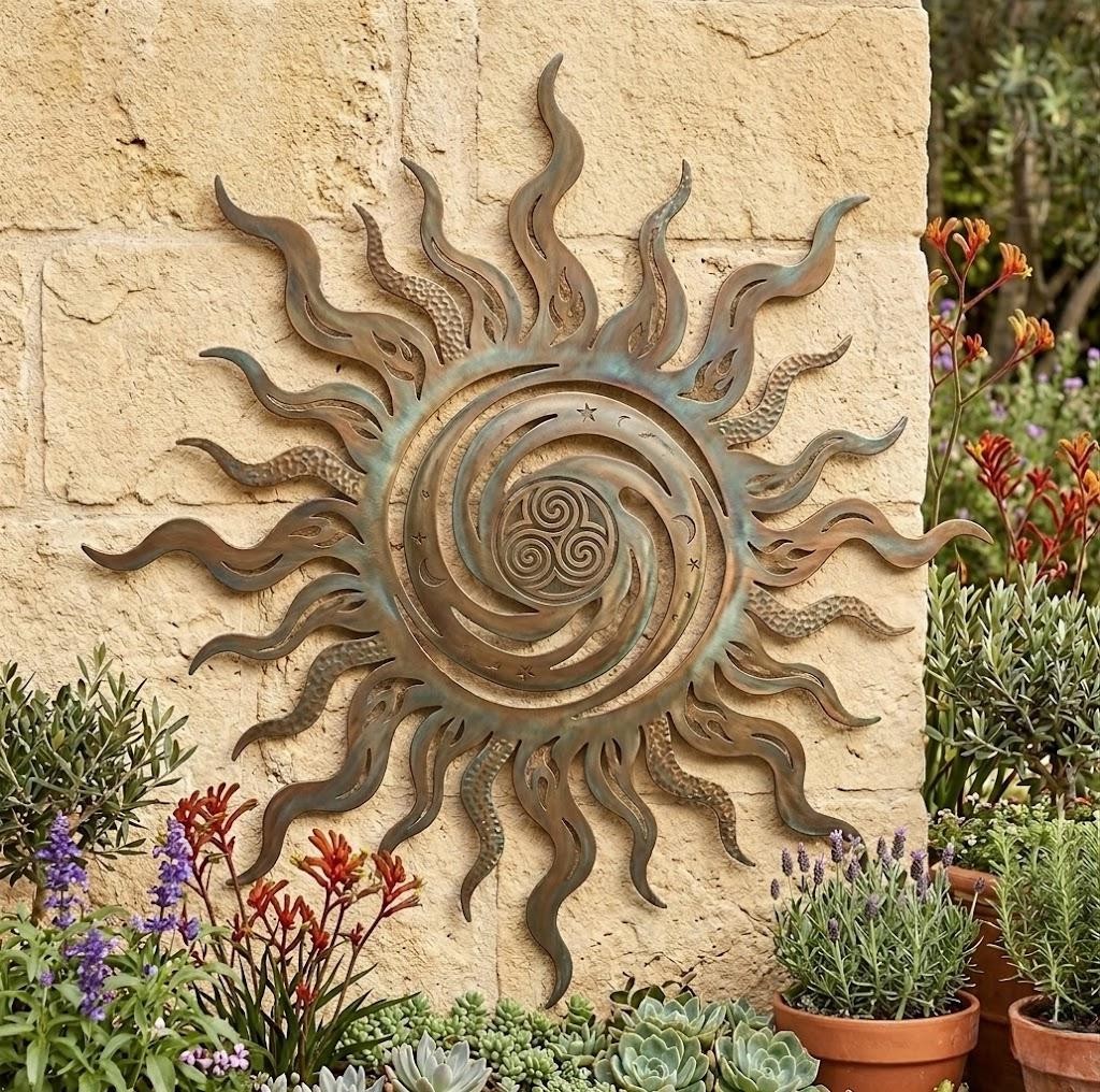 Celestial Spiral Sun Metal Wall Art, Celtic Boho Outdoor Decor