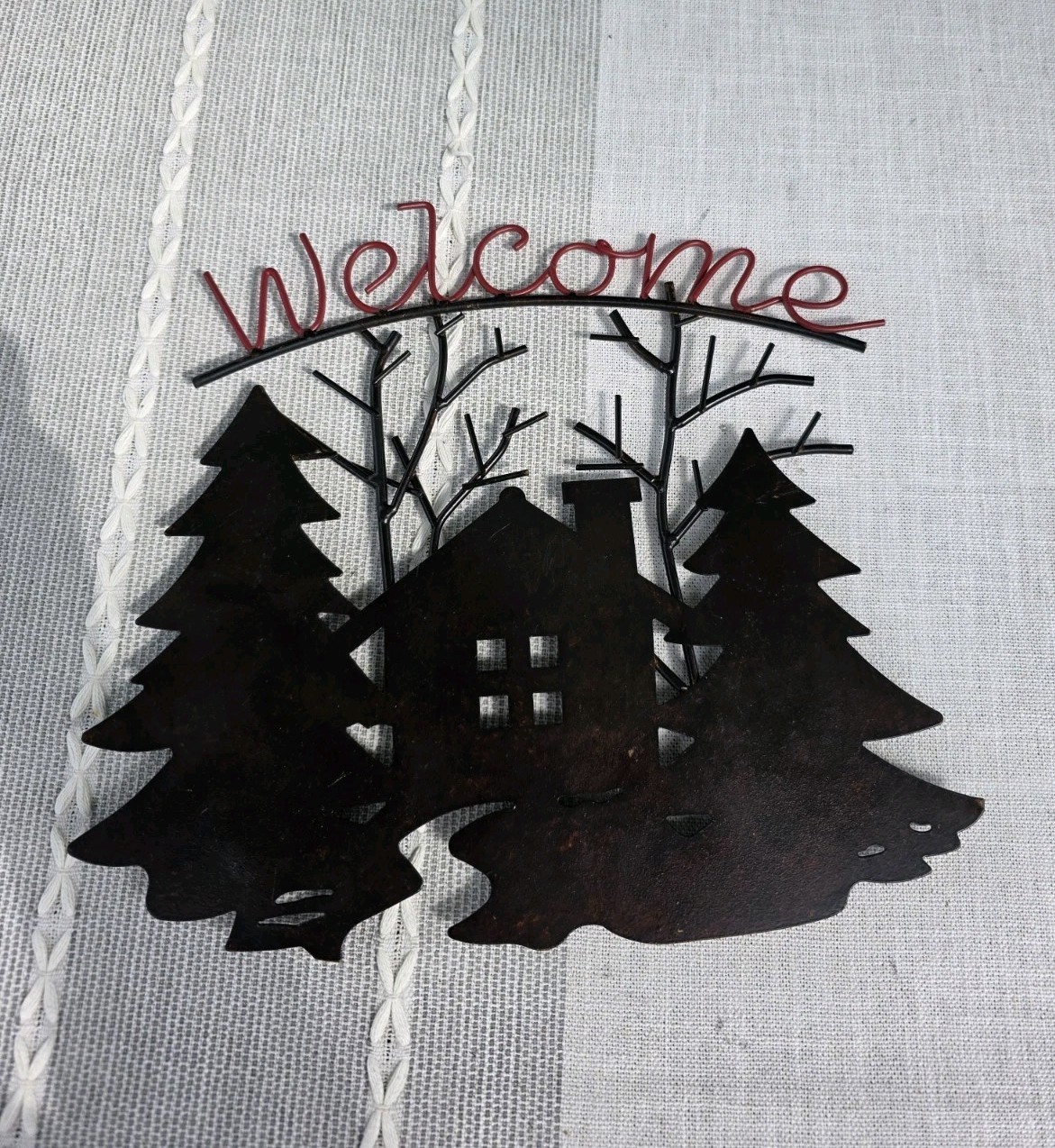 Rustic Metal Welcome Sign Cabin Trees House Wall Art Lodge Decor11in