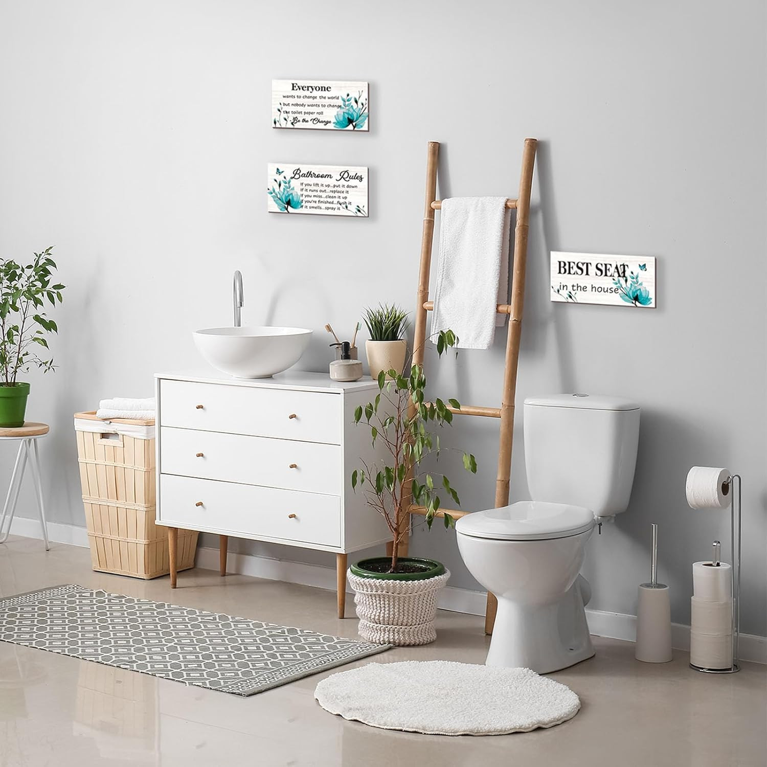 3-Piece Teal Bathroom Decor – Turquoise Flower Bathroom Rules Signs: ‘Best Seat