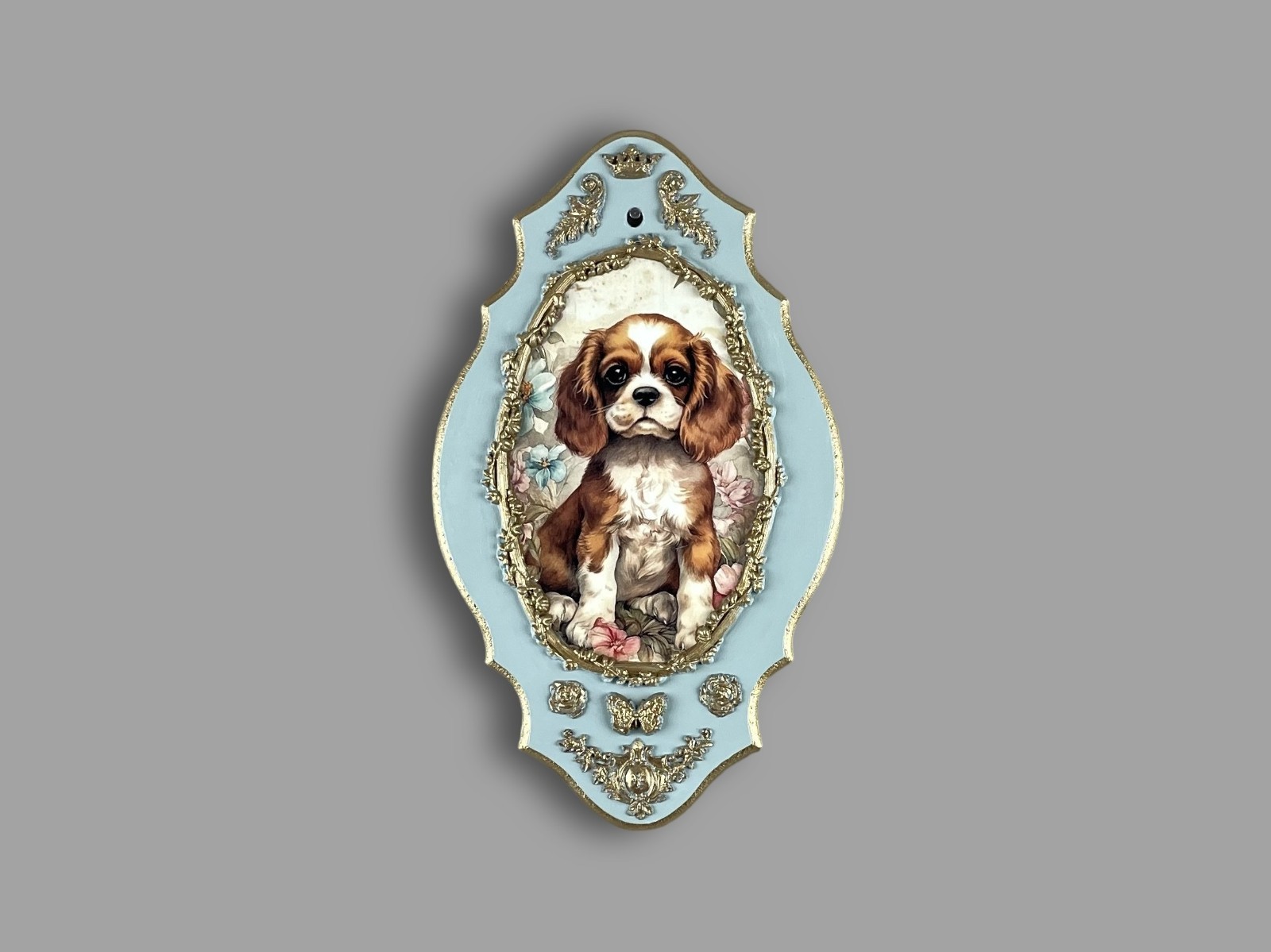 Sweet Cavalier Puppy Plaque, 8×14 Baroque Ornate Panel, Shabby Chic Wall Decor