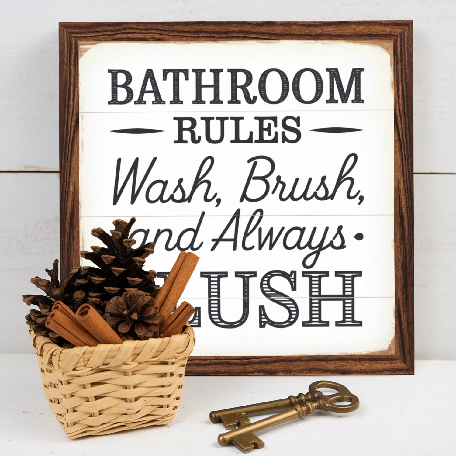 Rustic Wood Framed Bathroom Rules Sign Wash Brush Flush Funny Bathroom Art Decor