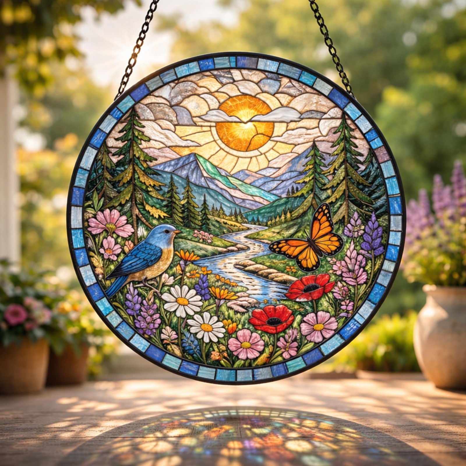 Forest Mountain Stained Glass Suncatcher, Nature Landscape Window Hanging