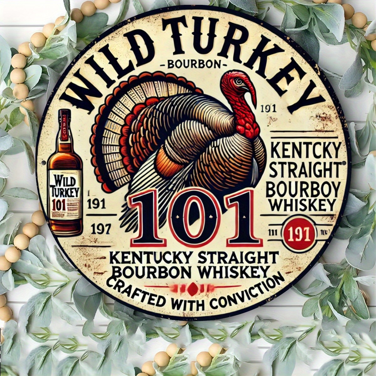 Tin Metal Sign Wild Turkey Bourbon Whiskey Vintage Style Round 8×8