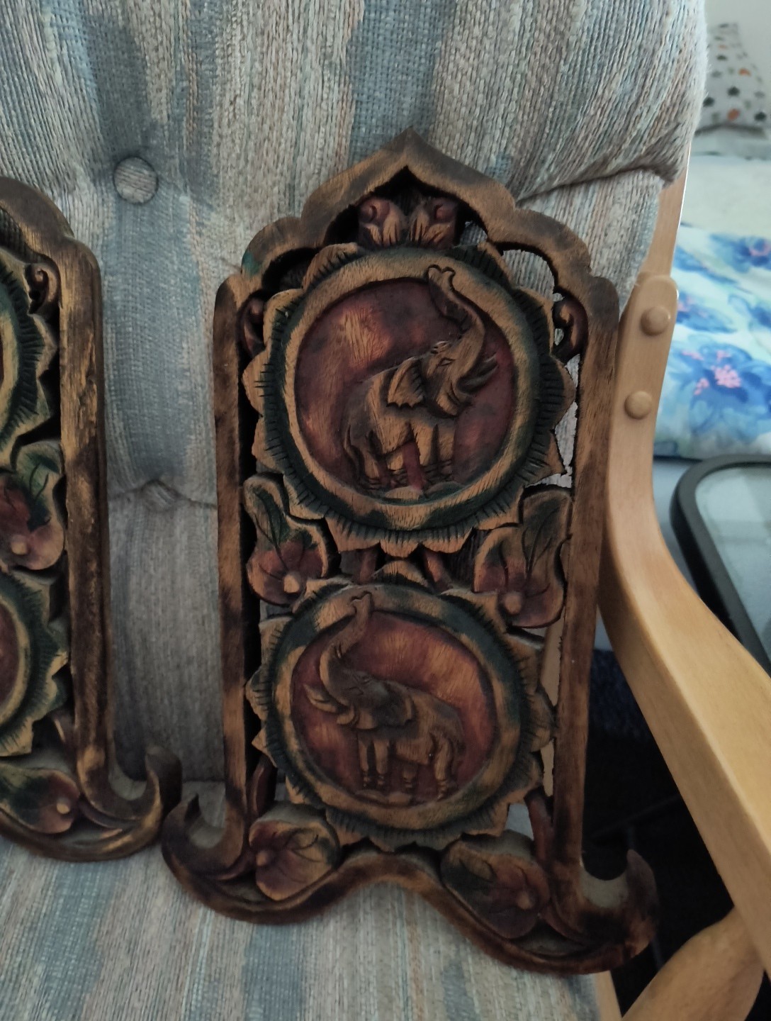 2- Wood Carved Elephant Hanging Wall Art Decor Plaque Made In Thailand