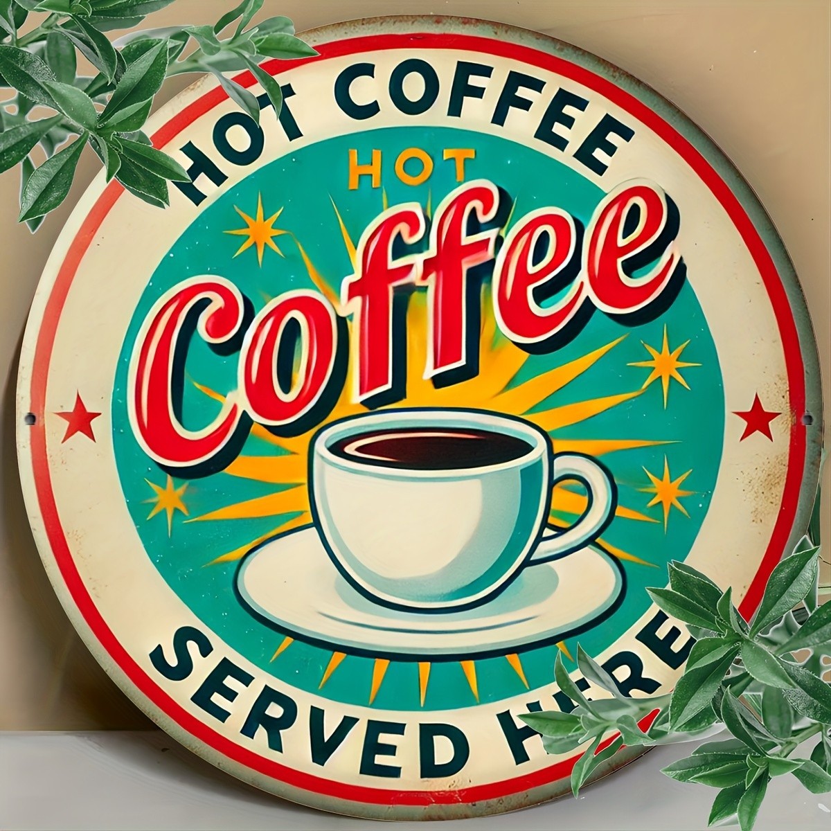 “Hot Coffee Served Here” Vintage Aluminum Metal Tin Sign,8*8 inch – Retro
