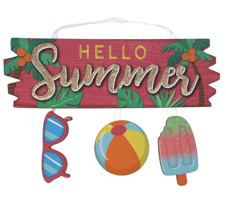 HELLO SUMMER Sign Sunglasses Beach Ball Frozen Treat Decor Glitter Wall Door NEW