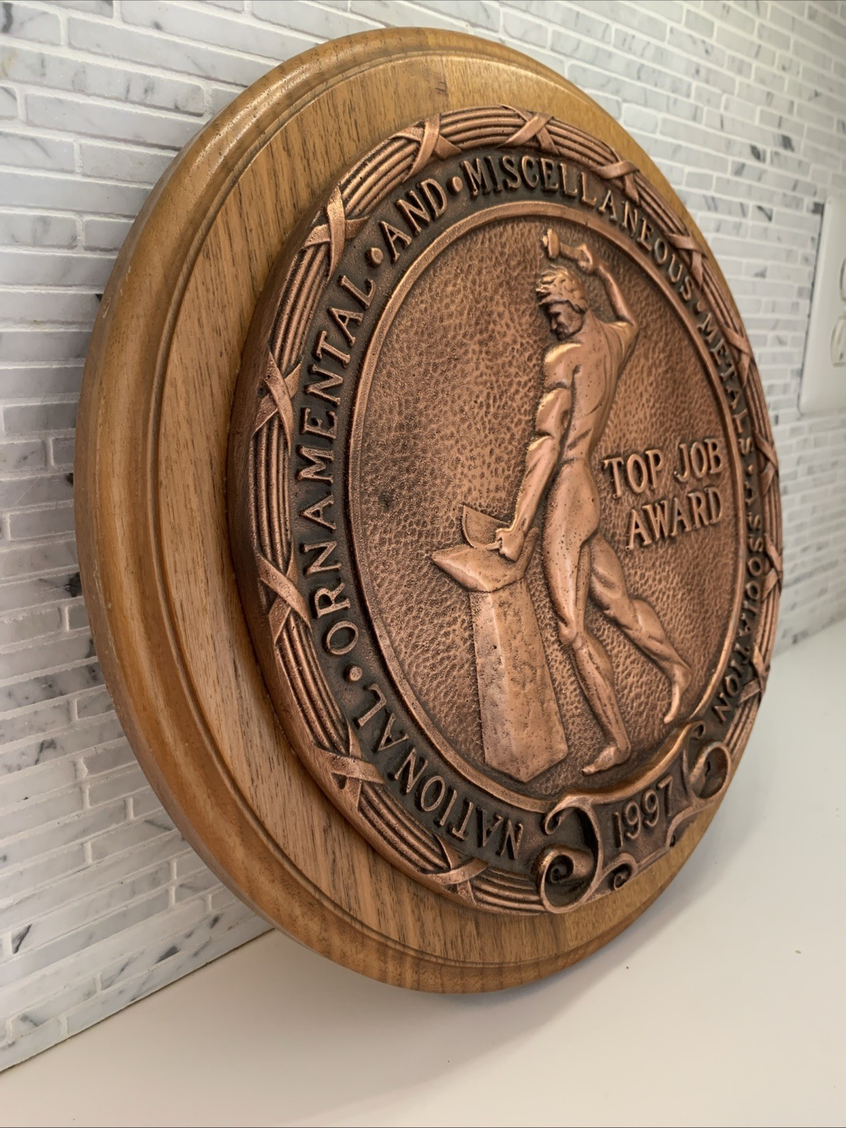 12″ Dia. Cast BRONZE Top Job Award Wall Plaque Naked Male Figure Forging Metal
