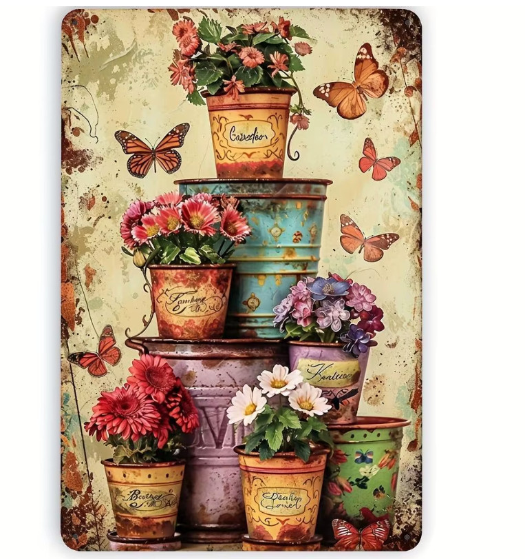 Unique Rustic French Country Spring Plants Pots Colorful Metal Tin Sign 8 x 12