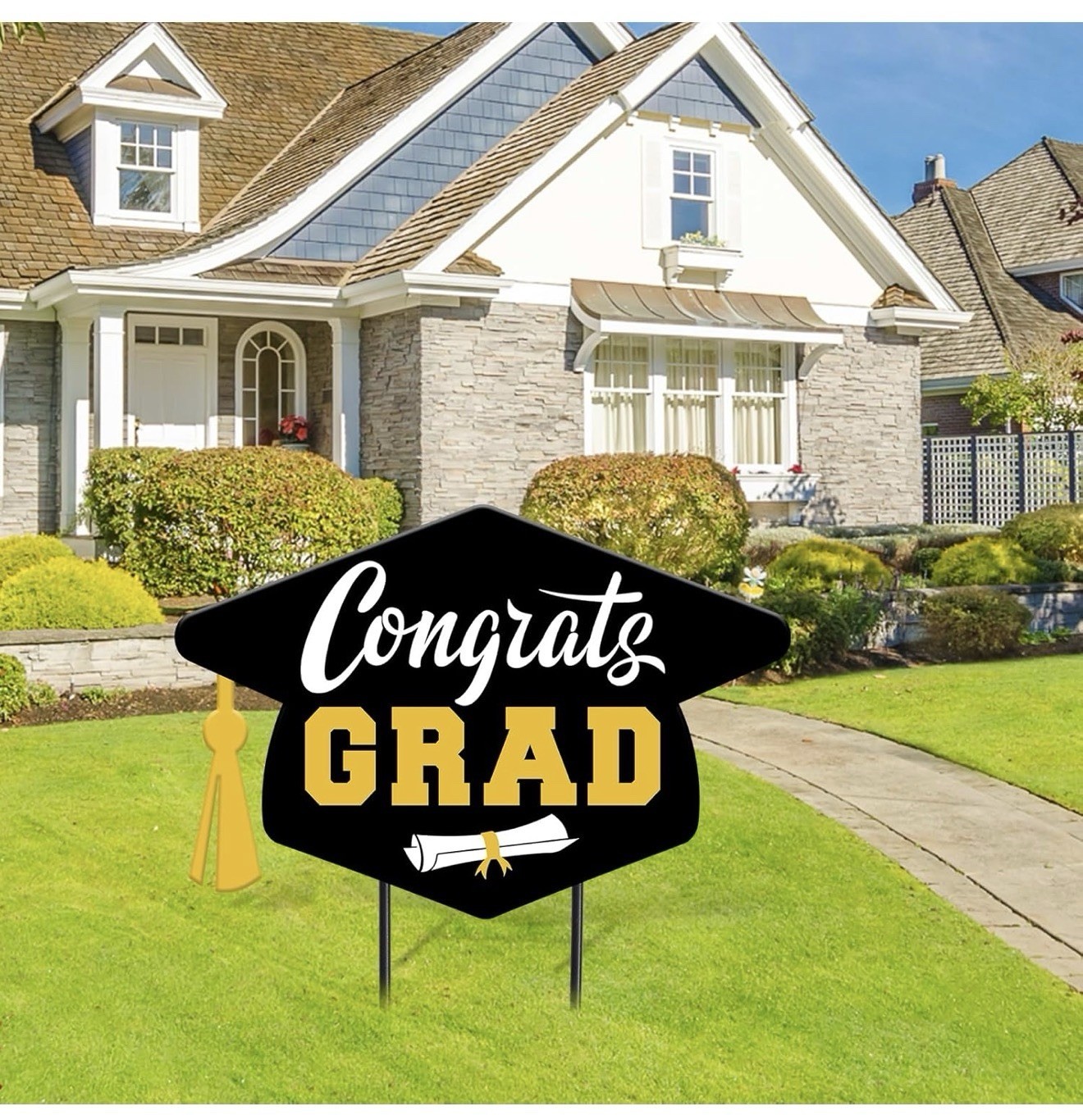 Graduation Yard Sign Black Grad Hat on White Decorative Lawn Sign Congrats Grad