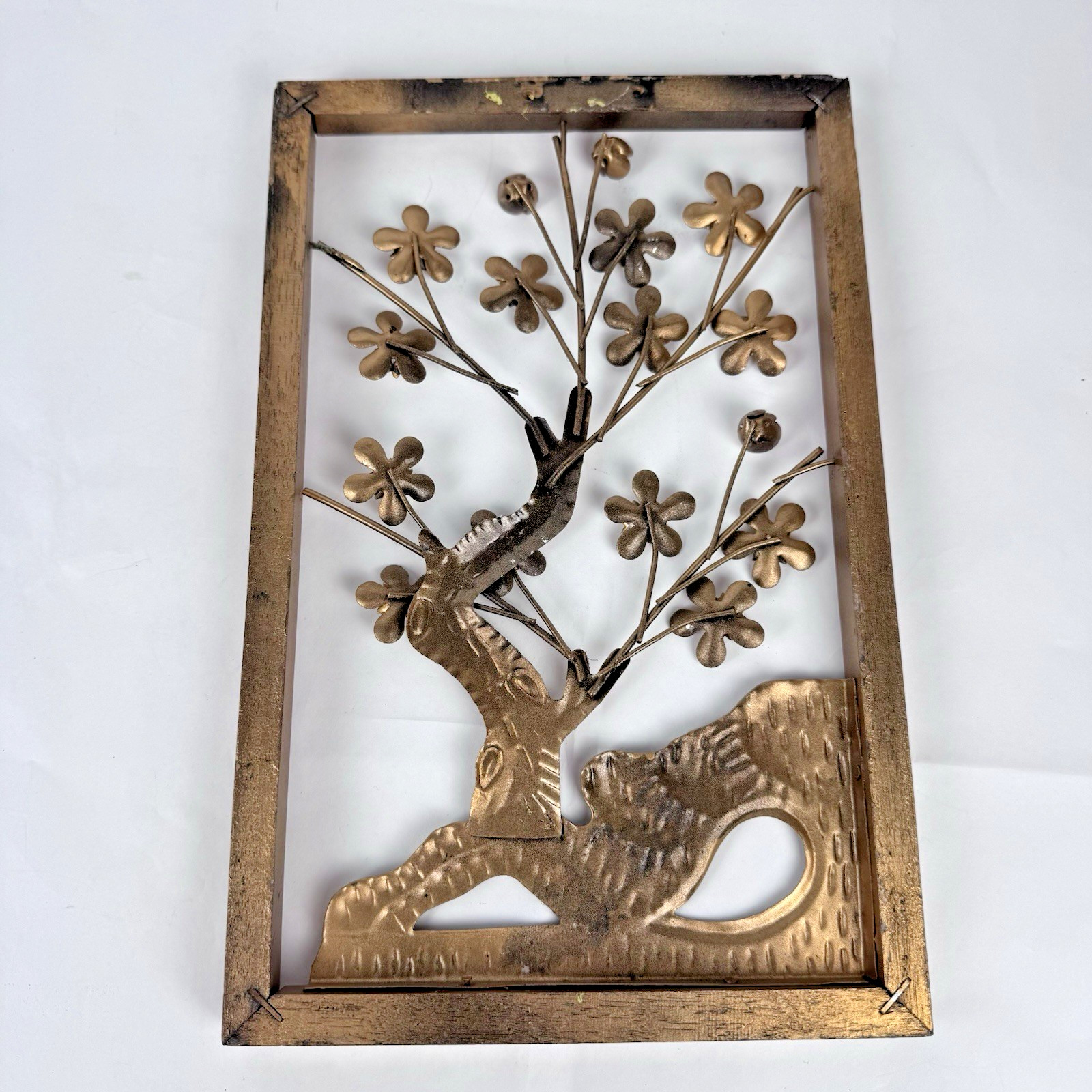 3 MCM Metal Art Gold 11X7 Wood Frame 3D Lily Pads Flowers Wall Hanging