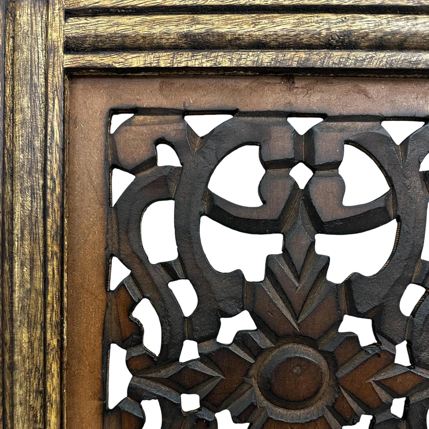 Floral Hand Carved Wooden Wall Panels Set of 2, Rustic Brown Decorative Wall Art