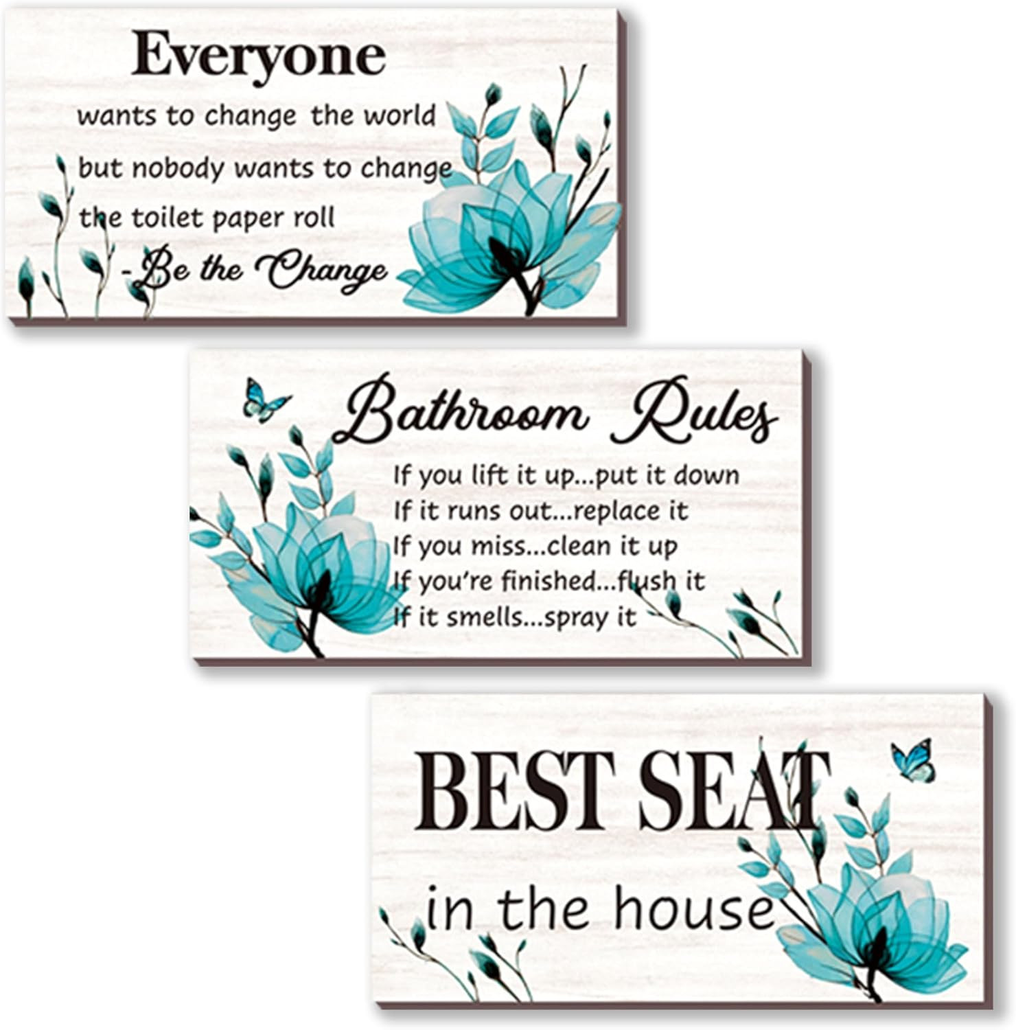 3-Piece Teal Bathroom Decor – Turquoise Flower Bathroom Rules Signs: ‘Best Seat