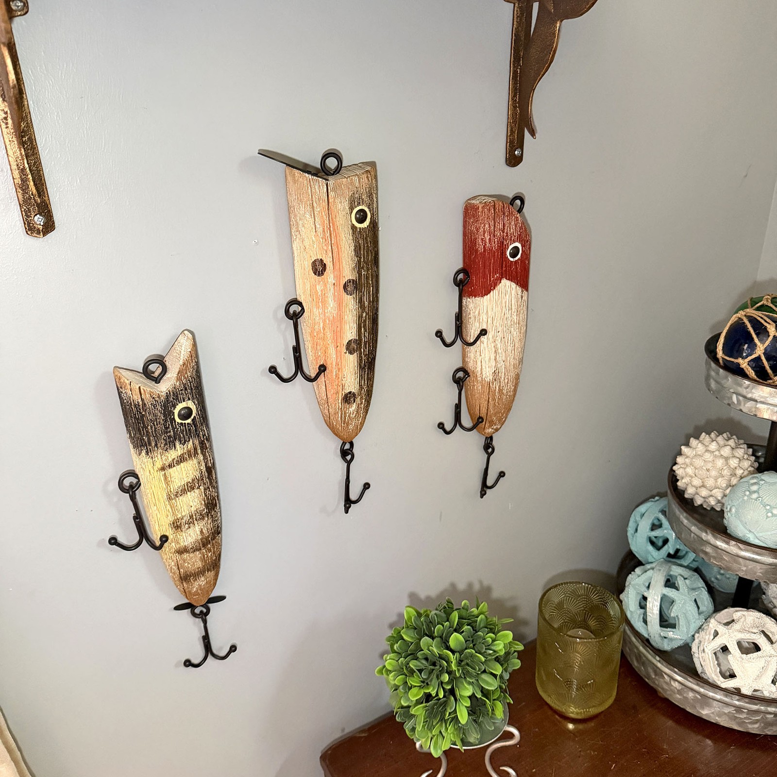 Fishing Lure Wall Hook Sculptures Set of 3 Vintage Wood Metal 13 in Decor