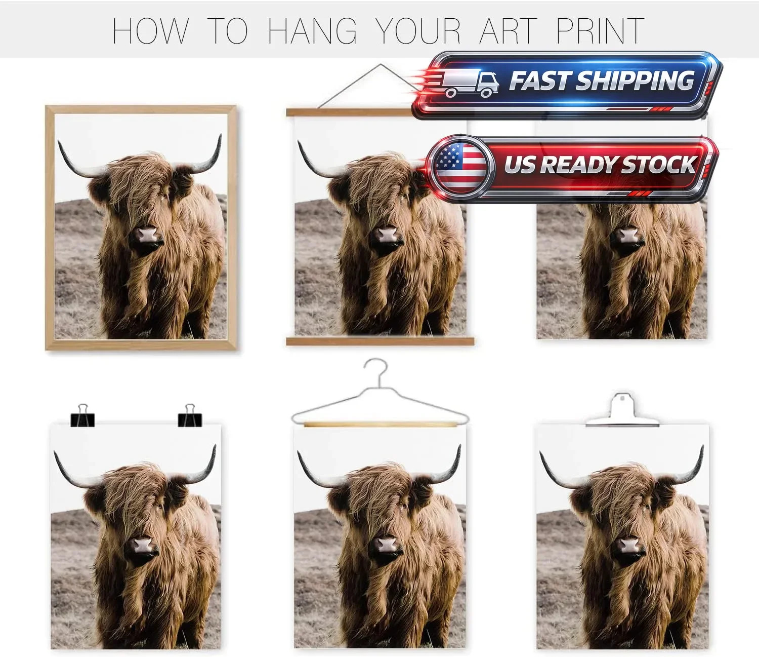 Highland Cow Bathroom Wall Art Prints, Rustic Decor, Unframed, 8X10 Inches, 9 Pc