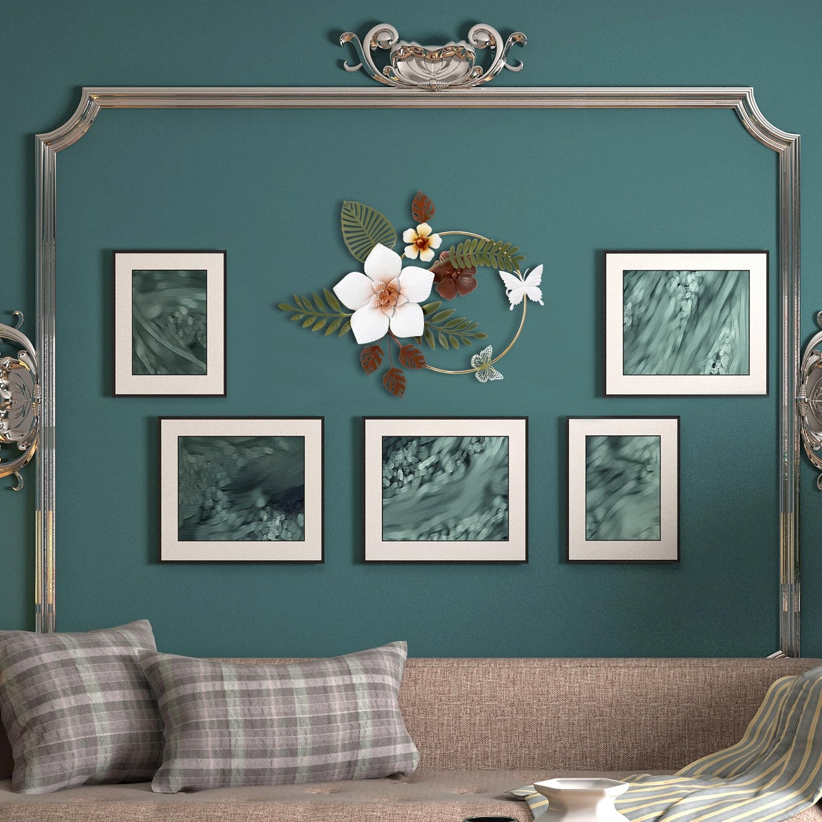 3D Metal Flower Wall Decor – 13.78” Gold Circle Floral Wall Art with Green T…