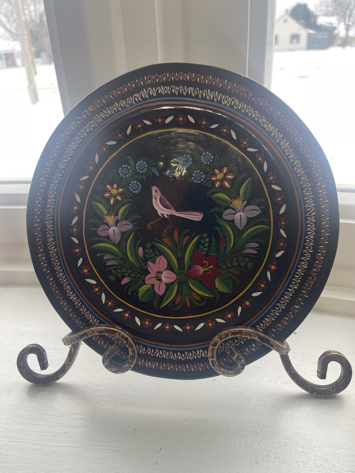 Wooden Hand Painted 9.5 In Diameter Wall Plaque. Possibly German. Vintage. Nice
