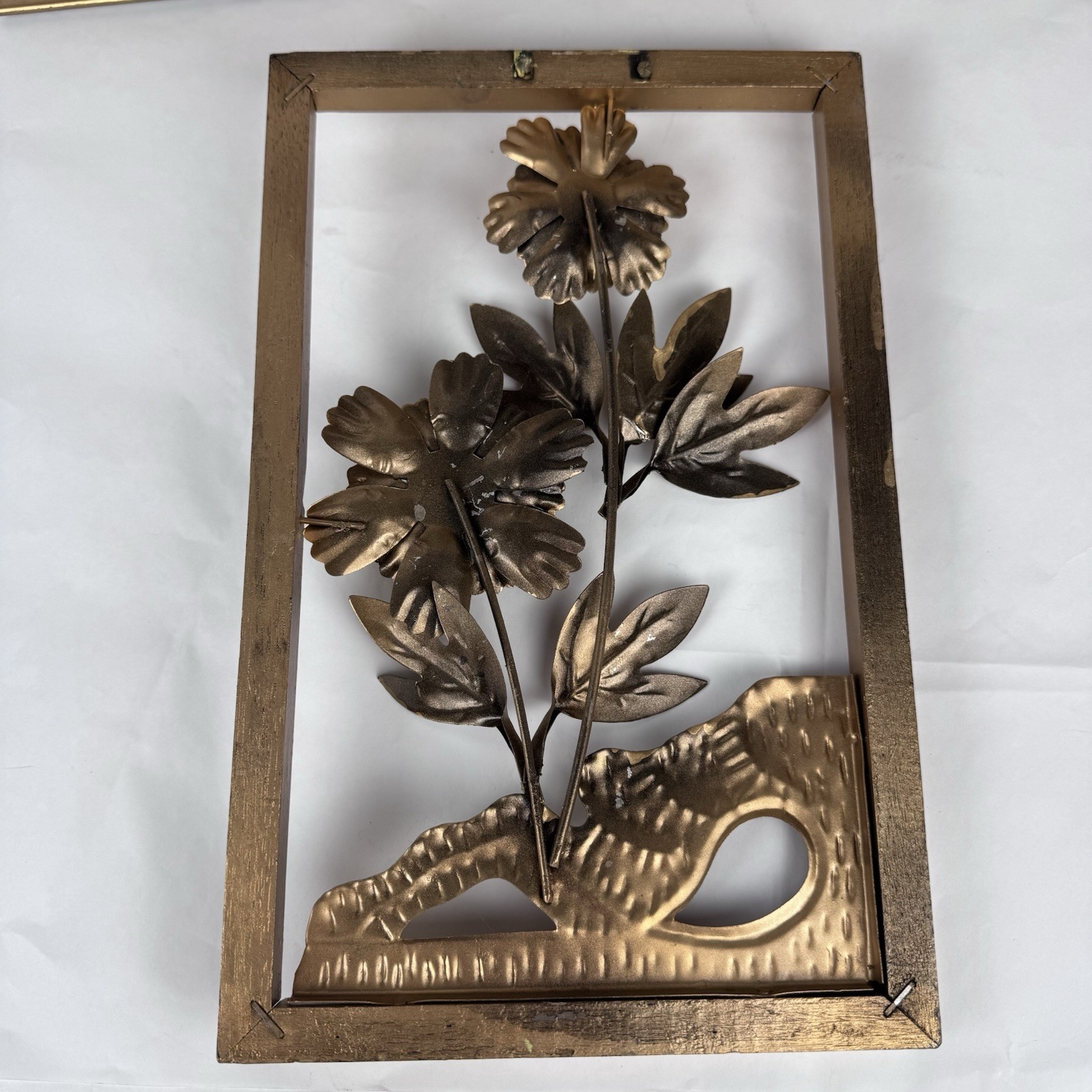 3 MCM Metal Art Gold 11X7 Wood Frame 3D Lily Pads Flowers Wall Hanging