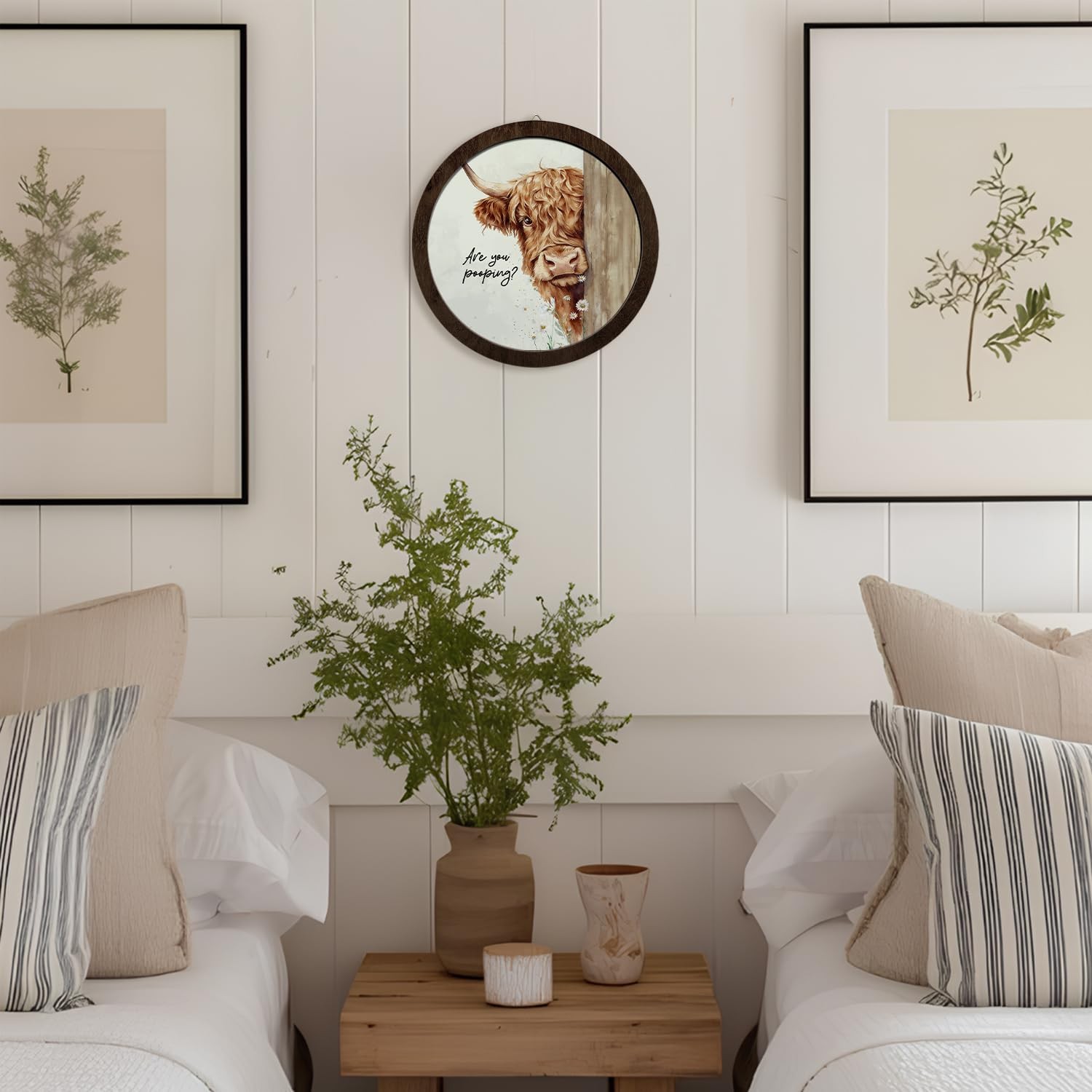 Funny Highland Cow Bathroom Round Wooden Wall Art, Highland Cow Bathroom Deco…