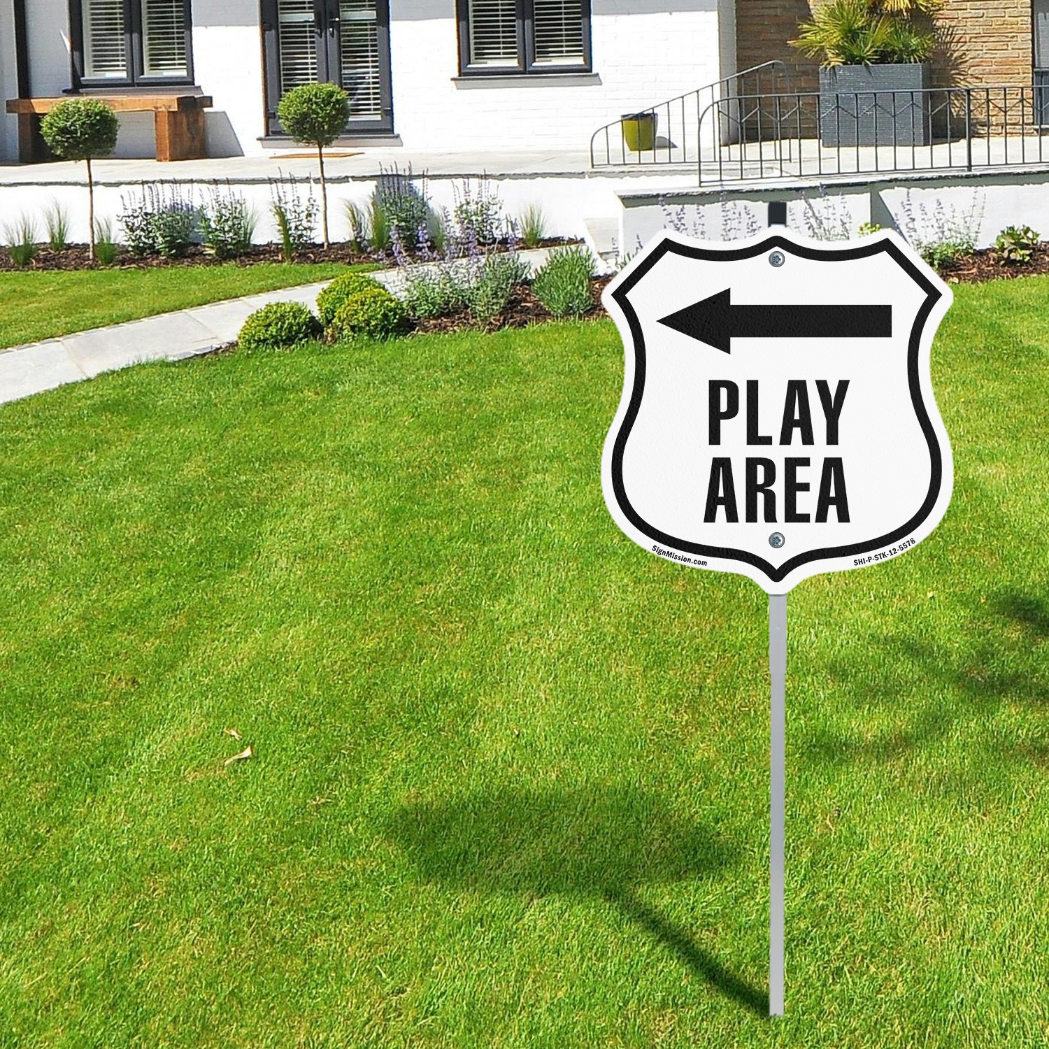 Play Area Left Shield Shaped Sign With Stake Weather Resistant Made in the USA
